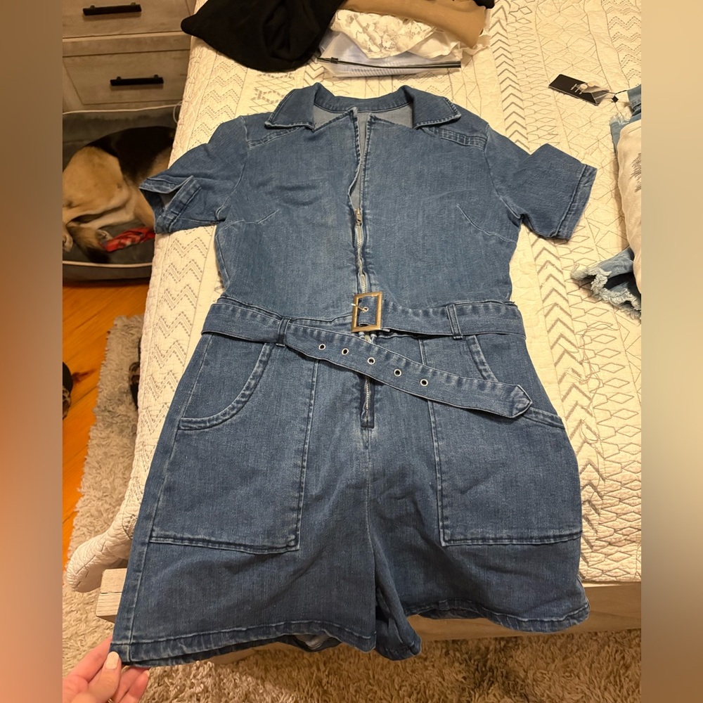 Denim Short Sleeve Jumpsuit with Belt